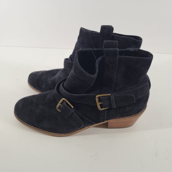 Cole Haan Suede Ankle Boots Womens 8 1/2 B Black Gold buckle Bootie BOHO Western - Picture 2 of 10